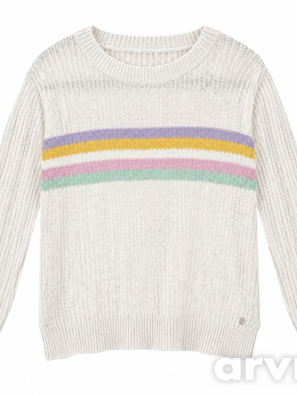 Roxy Cream Crewneck Sweater with Pastel Stripe Band